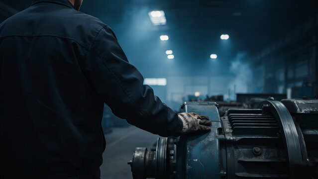 Skilled worker wearing protective gloves and jacket, placing hand on large industrial machinery in dimly lit factory interior with visible dust and machinery.