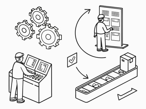 Four unique black illustrations showing intelligent workflow systems tasks moving through an automated conveyor pathway, interconnected workflow cards transforming into a completed project, a central 