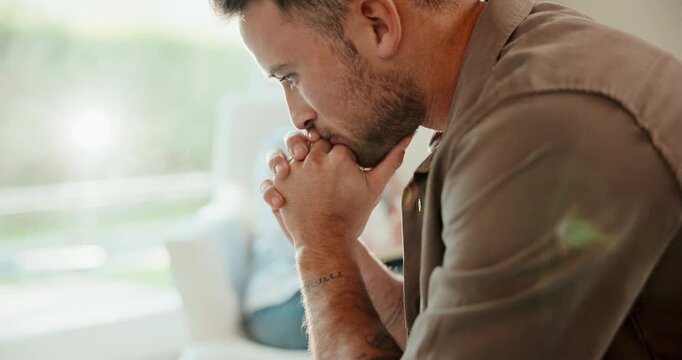 Nervous, man and stress in therapy with ring, uncertain and emotional conflict for separation. Thinking, male person and fidget in office with jewellery, past relationship and breakup for counseling