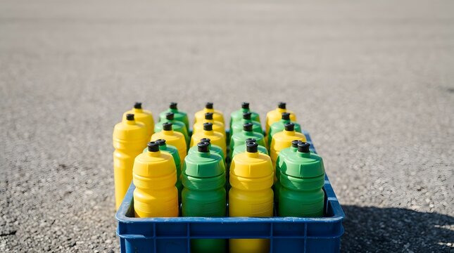 Vibrant green and yellow plastic water bottles stacked inside a blue storage crate sitting on an outdoor grey asphalt surface