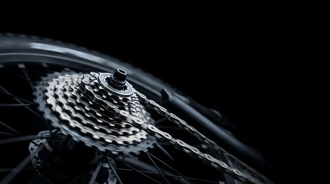 Shiny metal bicycle gear cassette spinning rapidly on a rear wheel isolated against a deep black background with motion blur