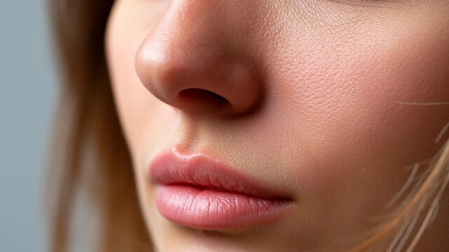 Closeup of woman's nose and lips during allergy season, facial detail illustrating respiratory health and seasonal sensitivity