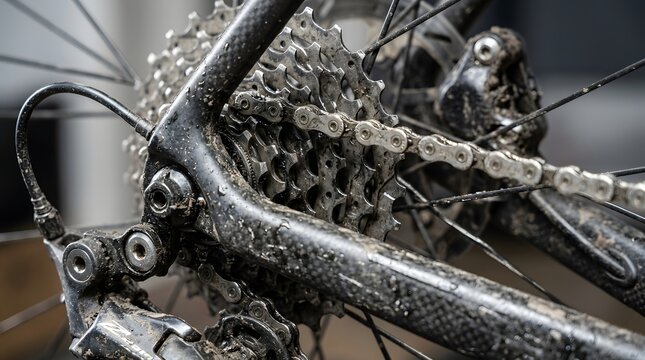 Dirty bicycle chain and gear cassette mechanism showing mud splatters after a long outdoor ride on rough mountain trail terrain