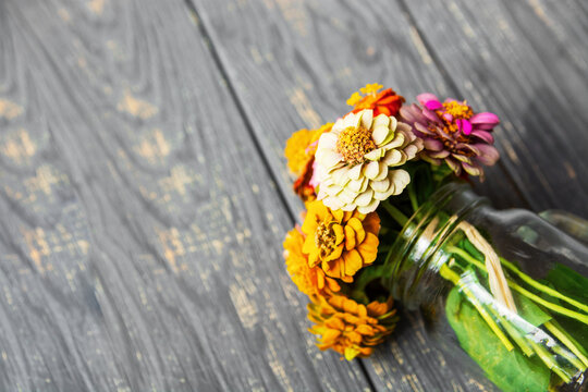 flowers on a wooden background, banner, flyer. Floral poster card frame typography design photo. Template for advertising, social media, web with space for text