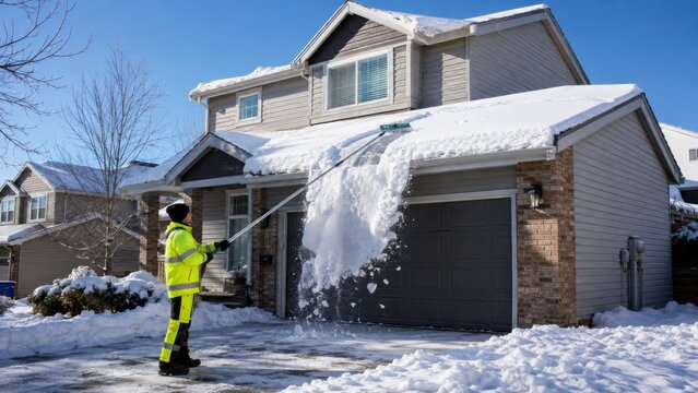 Maintenance professional removing snow from roof with snow rake