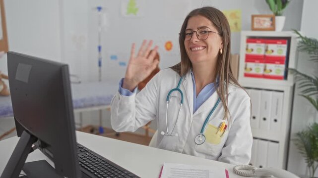Woman doctor waves hand at computer in pediatric clinic, wearing white coat and stethoscope, smiling to camera; friendly compassionate care.