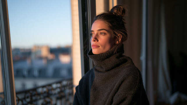 Thoughtful Young Woman Looking Out Window During Golden Hour