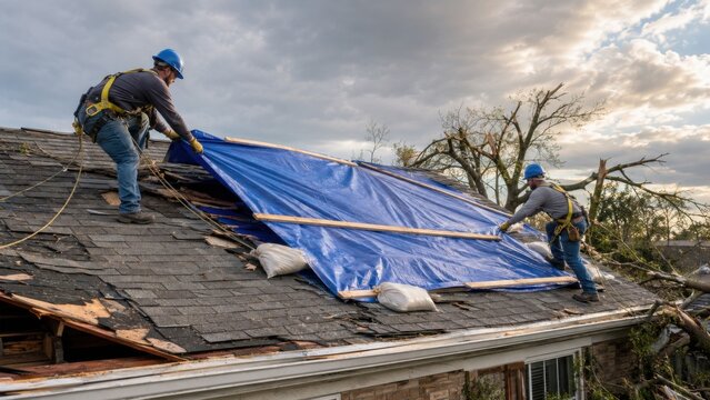 Roofers securing blue tarp on storm damaged house roof