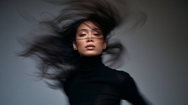 Asian Woman Flipping Long Hair in Studio Motion Portrait