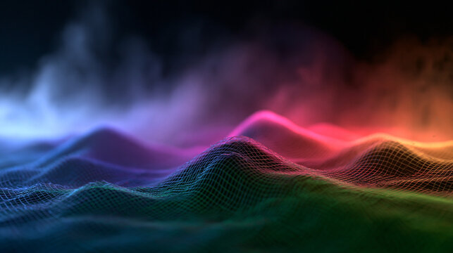 Abstract Digital Wireframe Terrain with Glowing Colorful Lights