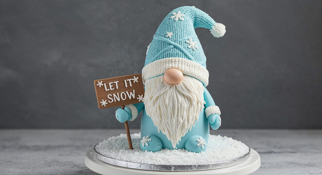 Cute winter gnome cake with blue hat and let it snow sign