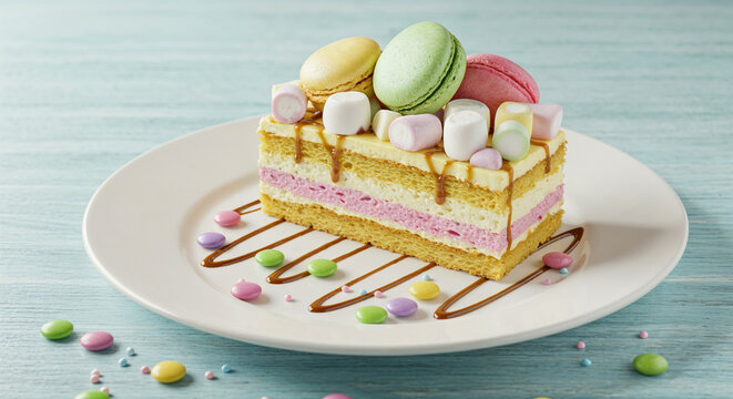 Slice of layered cake topped with macarons and mini marshmallows