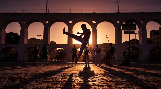 Silhouette of Capoeira Dancer Performing Kick at Lapa Arches Rio de Janeiro
