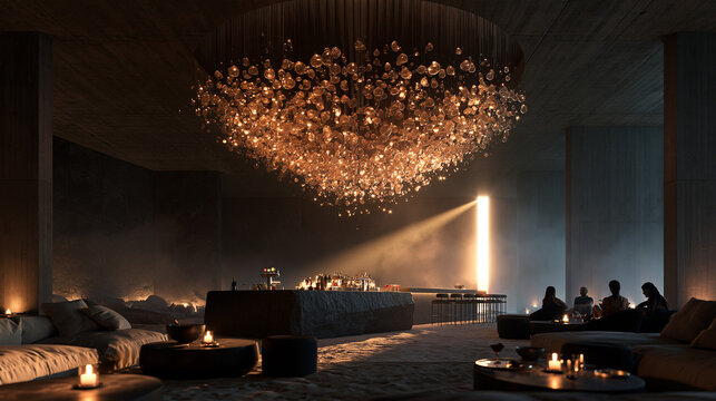Grand Glowing Chandelier in Modern Luxury Lounge Interior