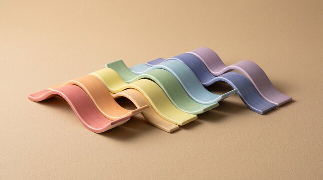 Pastel Rainbow Wavy Ceramic Objects on Beige Background
