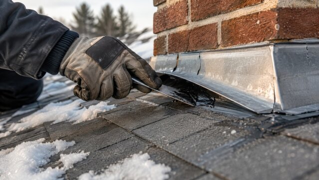 Roofer repairing chimney flashing after winter storm