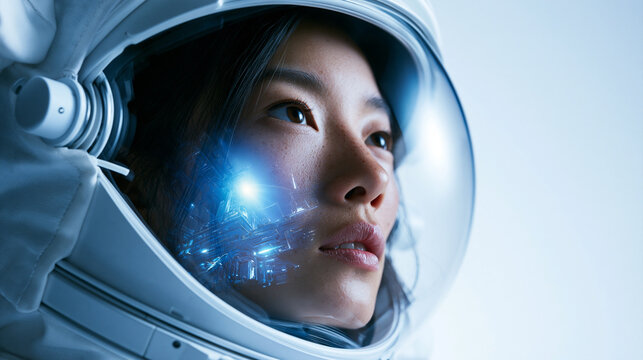 Female Astronaut in Spacesuit Helmet Looking into Future