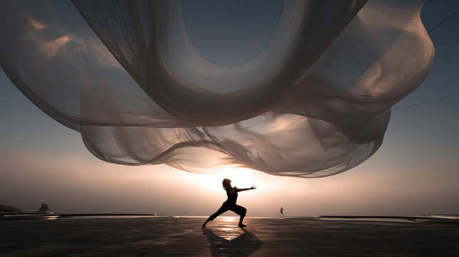 Silhouette of Dancer Performing Under Floating Art Installation at Sunset