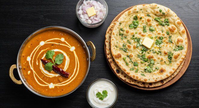 Traditional Indian feast featuring dal makhani, naan bread, and rice