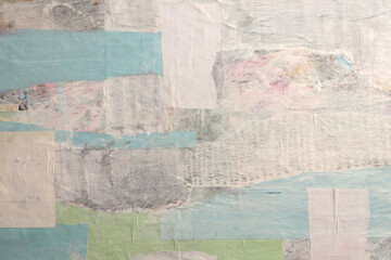 Naklejka premium Torn, ripped crumble paper pieces wrinkled collage. Art Poster painting wall. Abstract grunge dirty beige white, blue gray texture neutral background.