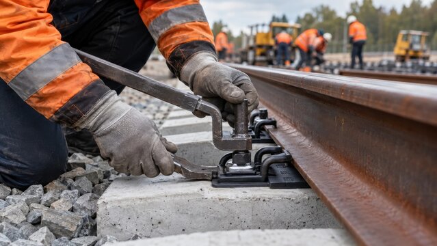 Gloved hands installing rail fastening clip on concrete sleeper