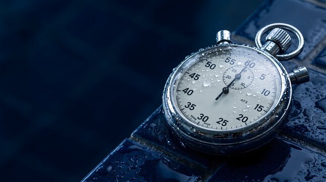 Classic Silver Analog Stopwatch Covered in Water Droplets on Blue Tiles