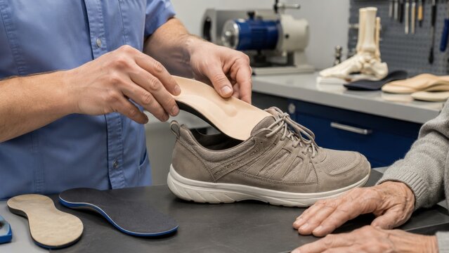 Podiatrist fitting custom orthotic insole into shoe