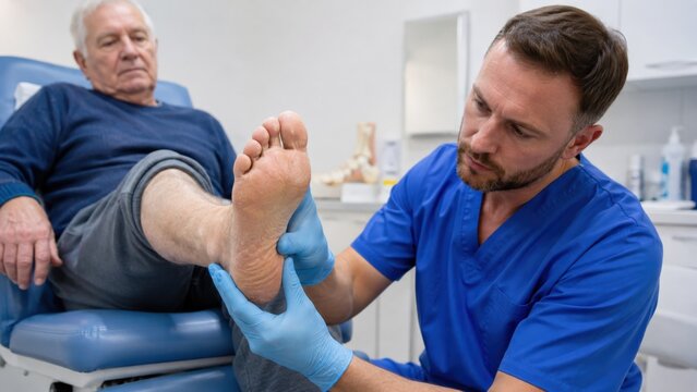 Podiatrist examining elderly patient's foot in clinic