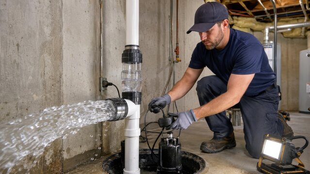 Plumber testing basement sump pump and check valve