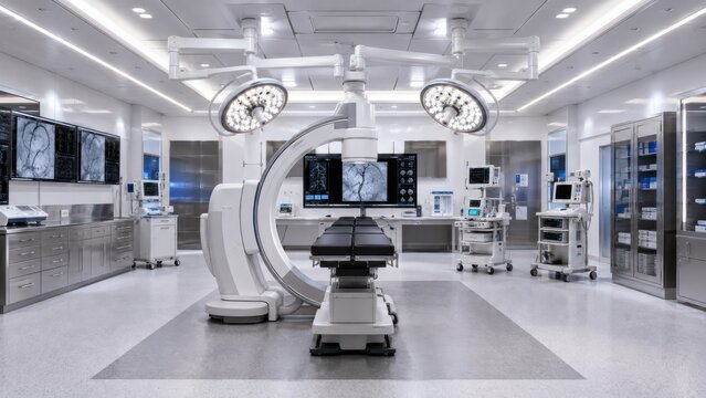 Modern hybrid operating room with C-arm imaging and surgical lights