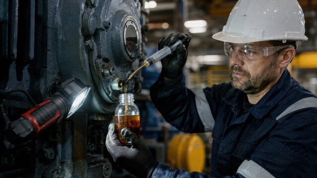 Technician collecting gearbox oil sample for maintenance