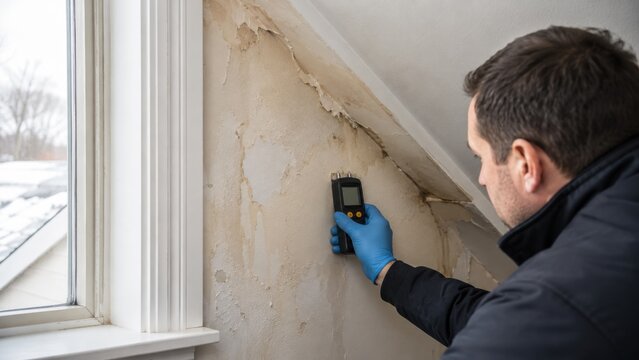 Home restoration technician using moisture meter on damaged wall