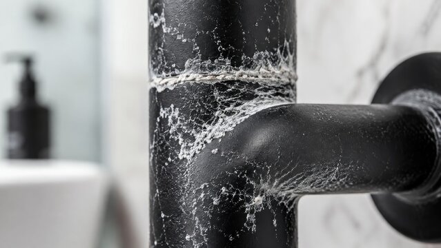 White mineral deposits on matte black plumbing fixture
