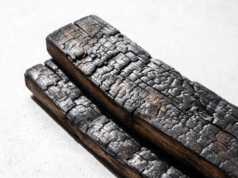 Charred burnt wooden planks resting on a bright light surface