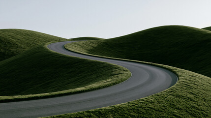 Fototapeta premium empty winding road through surreal green hills, elegant editorial landscape of a serene countryside road, cinematic luxury road scene across smooth rolling hills