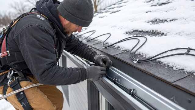 Contractor installing de-icing heat cable on snowy roof