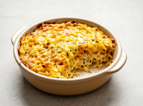 Baked cheesy orzo pasta casserole dish with golden brown crust