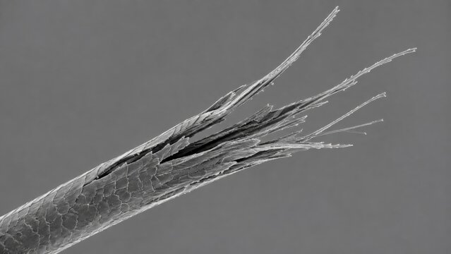 Microscopic view of a single split hair end with frayed fibers