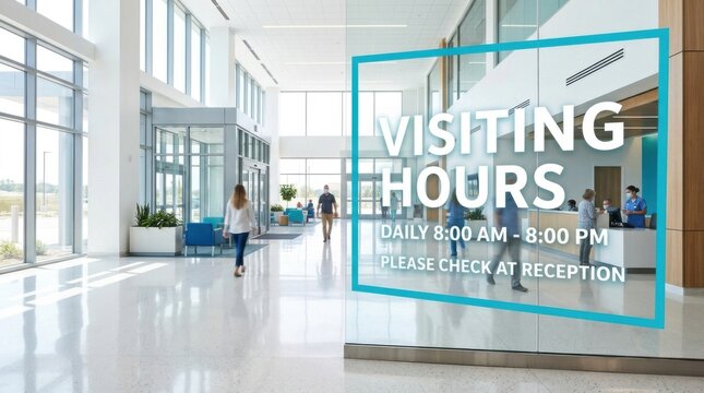 Modern Healthcare Facility Lobby With Visiting Hours Sign And People