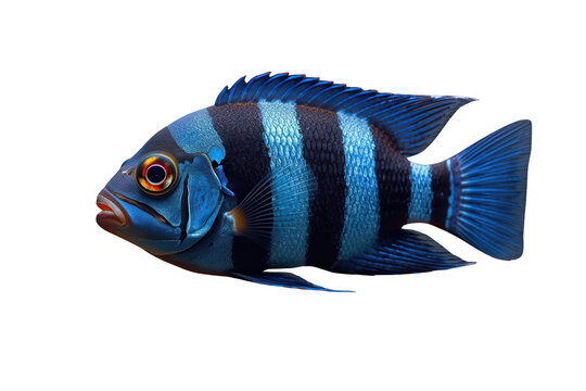 Compact deep blue fish with broad black vertical stripes