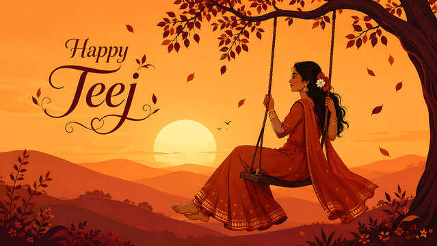 Happy hariyali teej woman in traditional orange attire enjoys tree swing against glowing sunset hills during kajari teej festival celebration illustration background