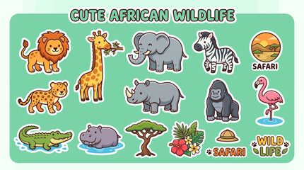 Cute African wildlife vector graphic sticker set featuring adorable animals like lions giraffes elephants zebras gorillas and rhinos in cartoon © Firdaus