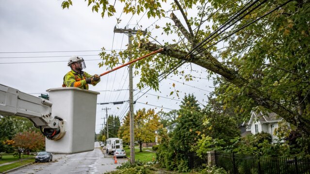 Arborist in bucket truck trimming branches near power lines