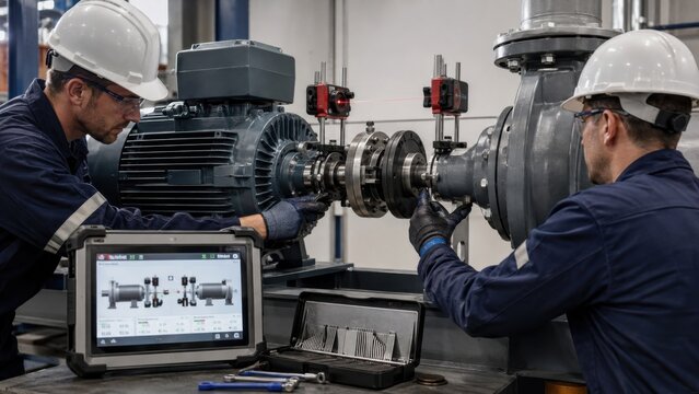 Engineers aligning electric motor and pump with laser tool