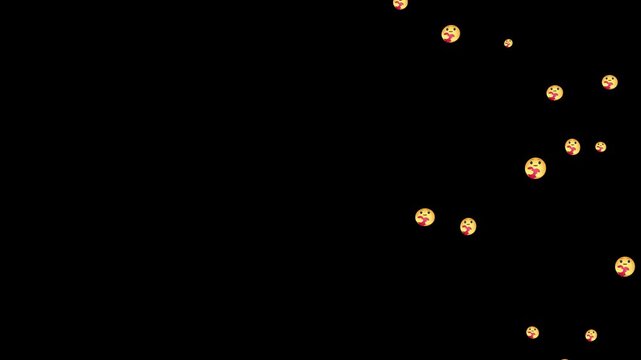Floating social media heart eyes smiley face, like, care emojis rising upwards. Animated social media reaction overlay for live stream video. Social media reaction animation on black background.