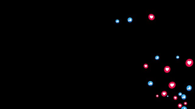 Floating social media heart eyes smiley face, like, care emojis rising upwards. Animated social media reaction overlay for live stream video. Social media reaction animation on black background.