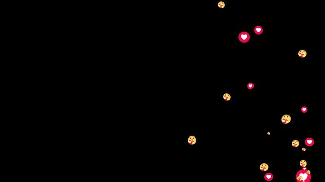 Floating social media heart eyes smiley face, like, care emojis rising upwards. Animated social media reaction overlay for live stream video. Social media reaction animation on black background.