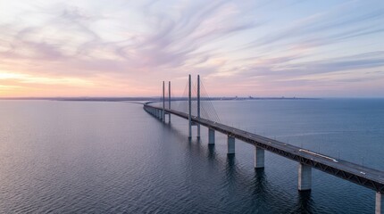 Fototapeta premium The Oresund Bridge connecting Copenhagen Denmark and Malmo Sweden at sunset.
