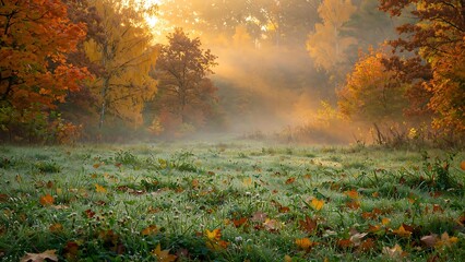 Obraz premium Misty autumn forest meadow with enchanting morning sunlight