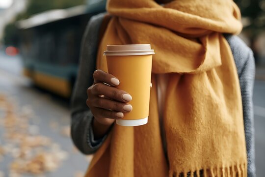 Person in fall attire holding a warm beverage on a city street with falling leav